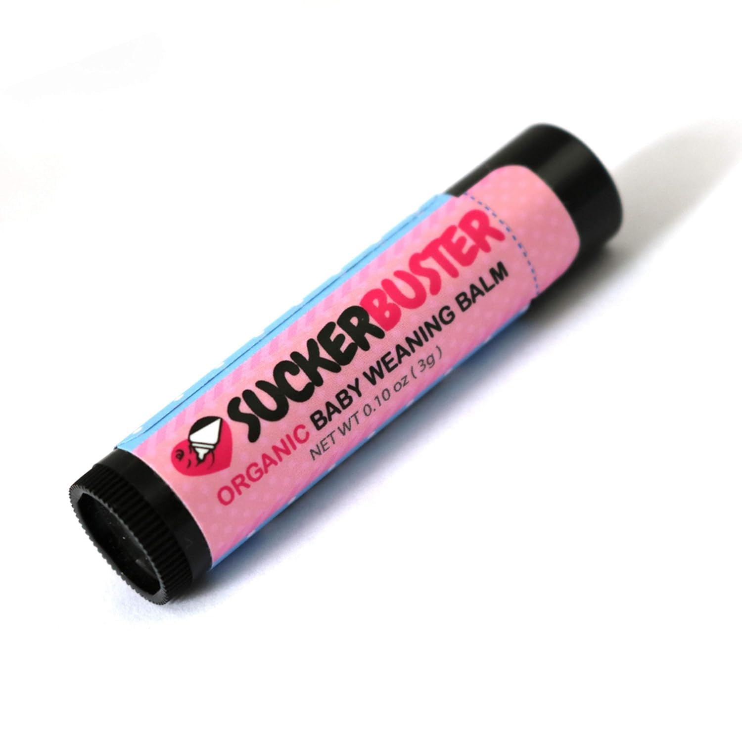 SUCKERBUSTER Weaning Balm Stick packaging shows 10oz organic formula for nipple care
