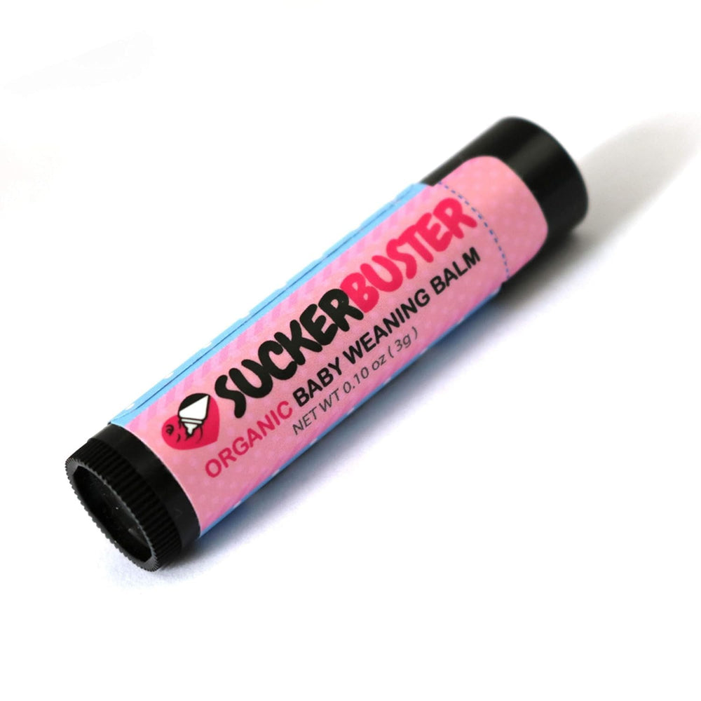 SUCKERBUSTER Weaning Balm Stick packaging shows 10oz organic formula for nipple care