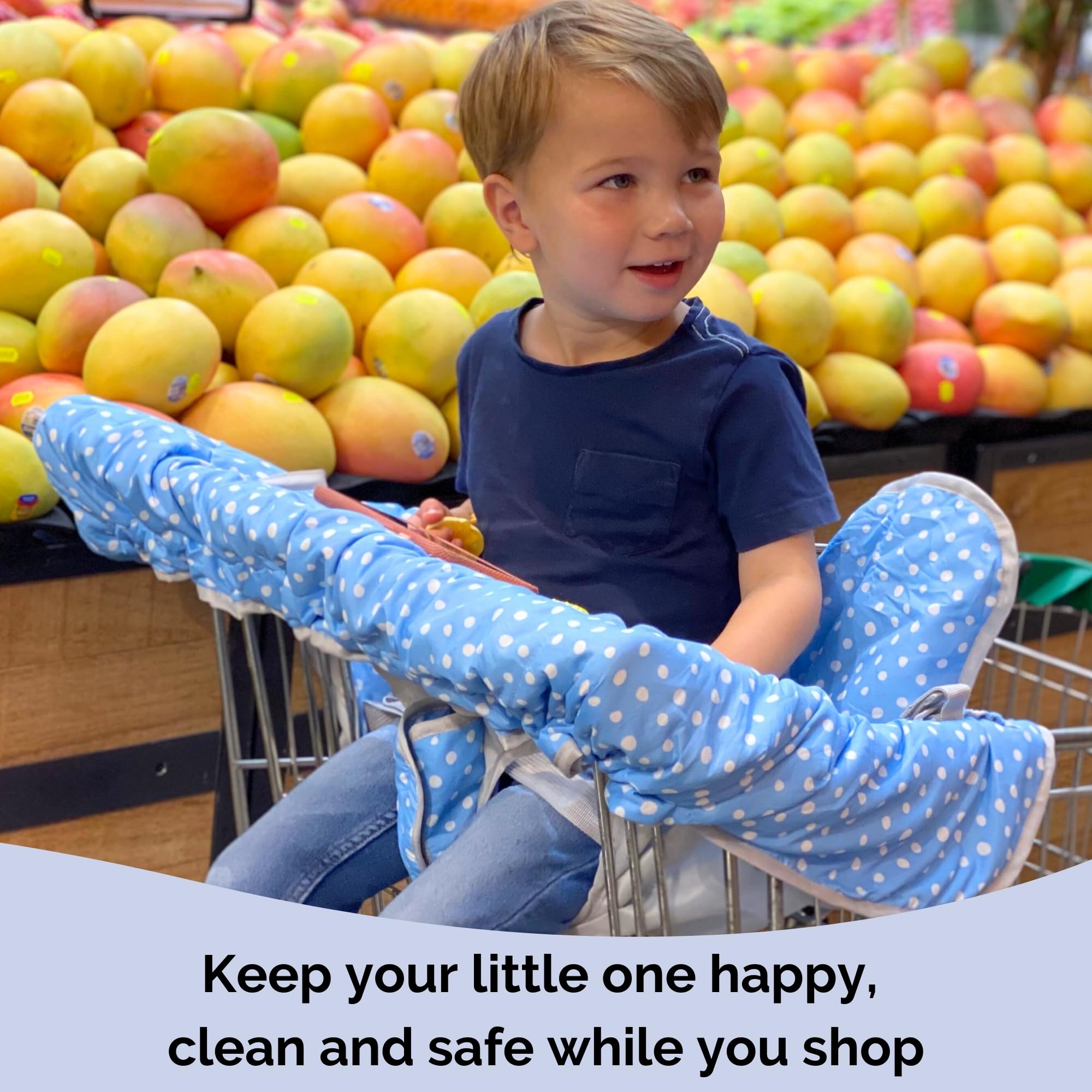 Suessie blue dots cart cover in use protects shopping surfaces and keeps baby comfy