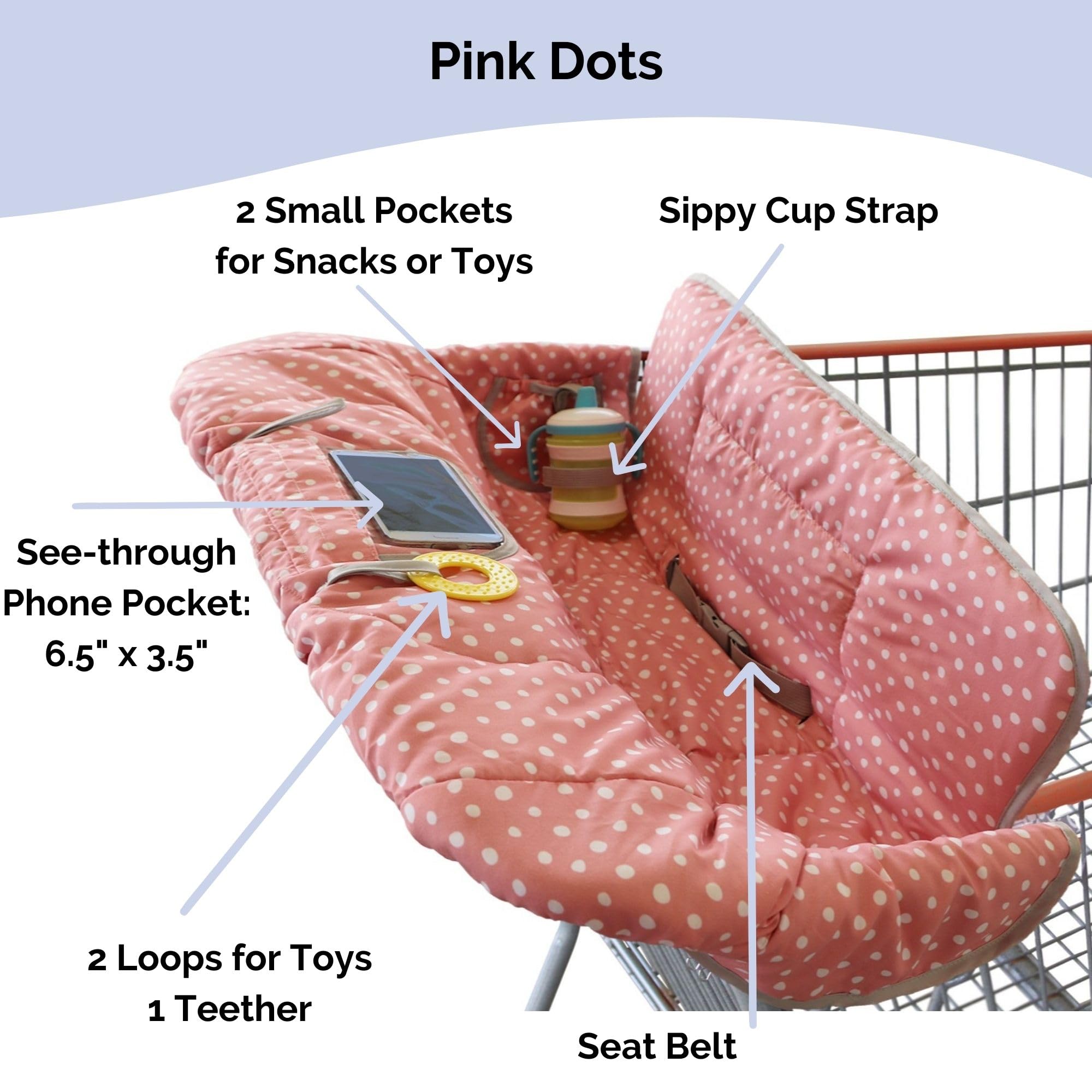 Suessie pink dots cart cover showing snack and toy pockets for organization