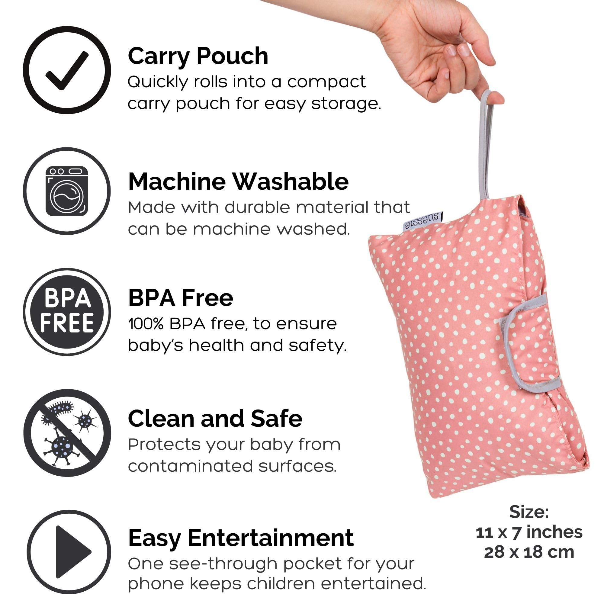 Suessie pink dots cart cover featuring teether loop for on-the-go soothing