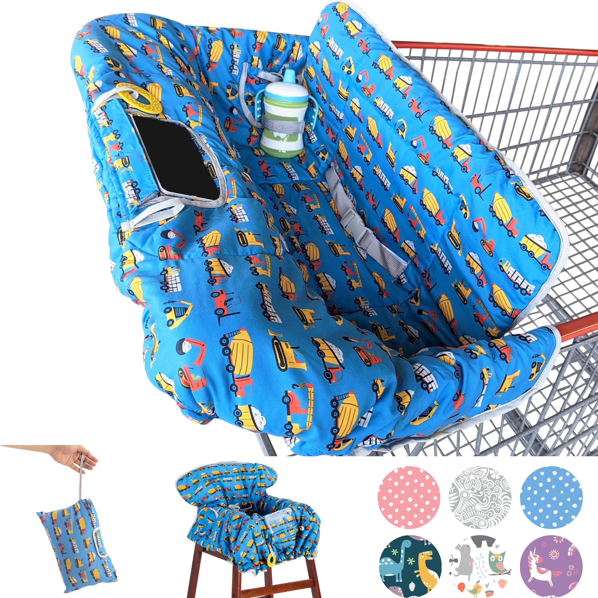 Suessie construction cart cover in use to protect baby from dirty surfaces.