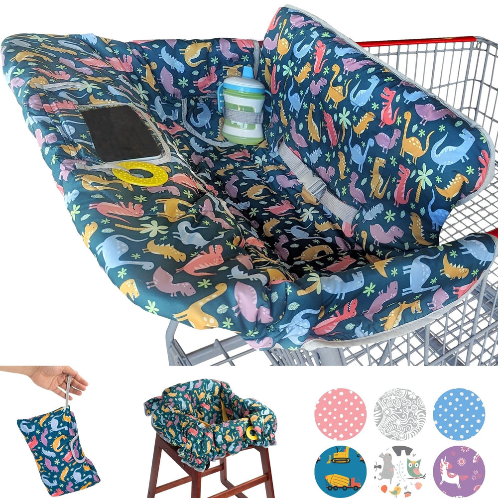 Suessie dinosaurs cart cover keeps surfaces clean during shopping.