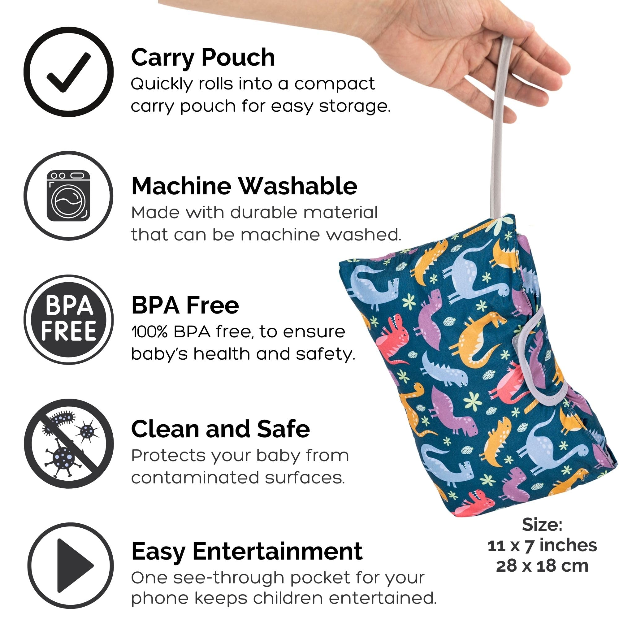 Suessie dinosaurs pockets hold snacks and toys for quick access.