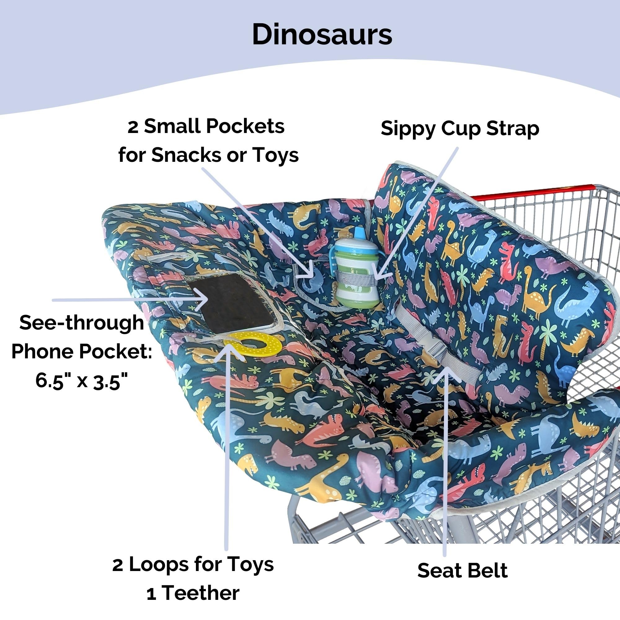 Suessie dinosaurs cart cover rolls into a compact pouch for storage.