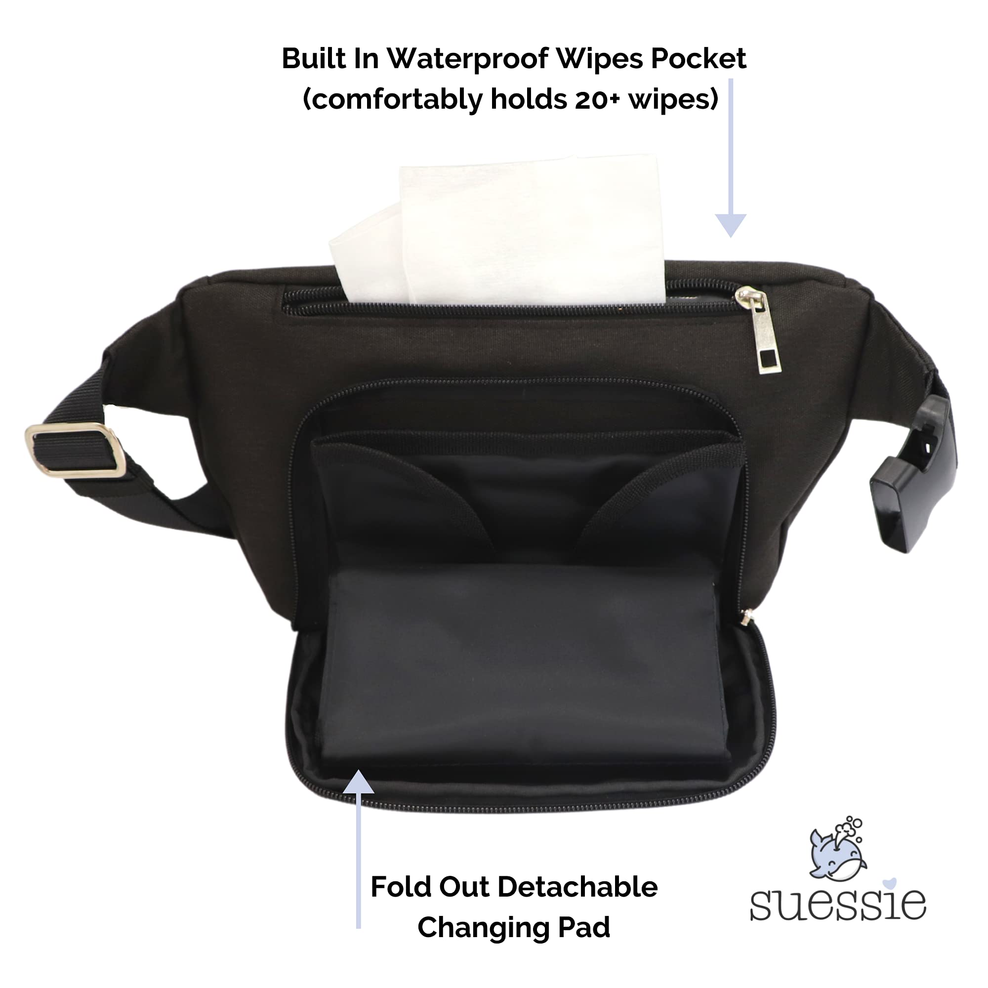 Suessie fanny pack with detachable changing pad, ready for quick on-the-go changes.