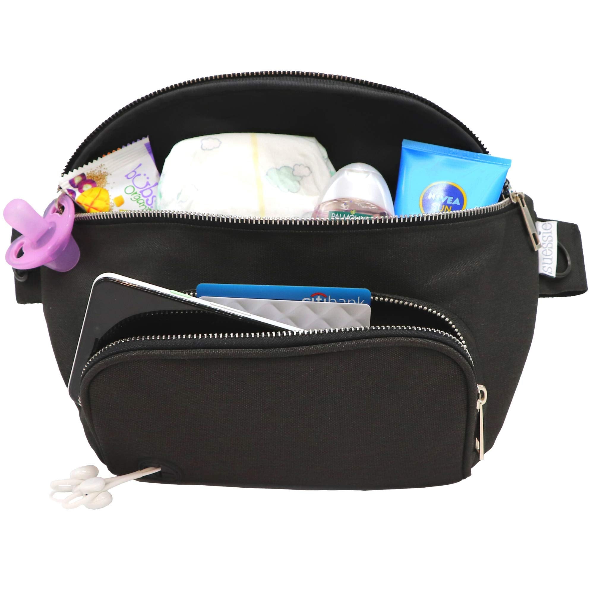 Suessie fanny pack diaper bag front view, compact and easy to grab on busy days.