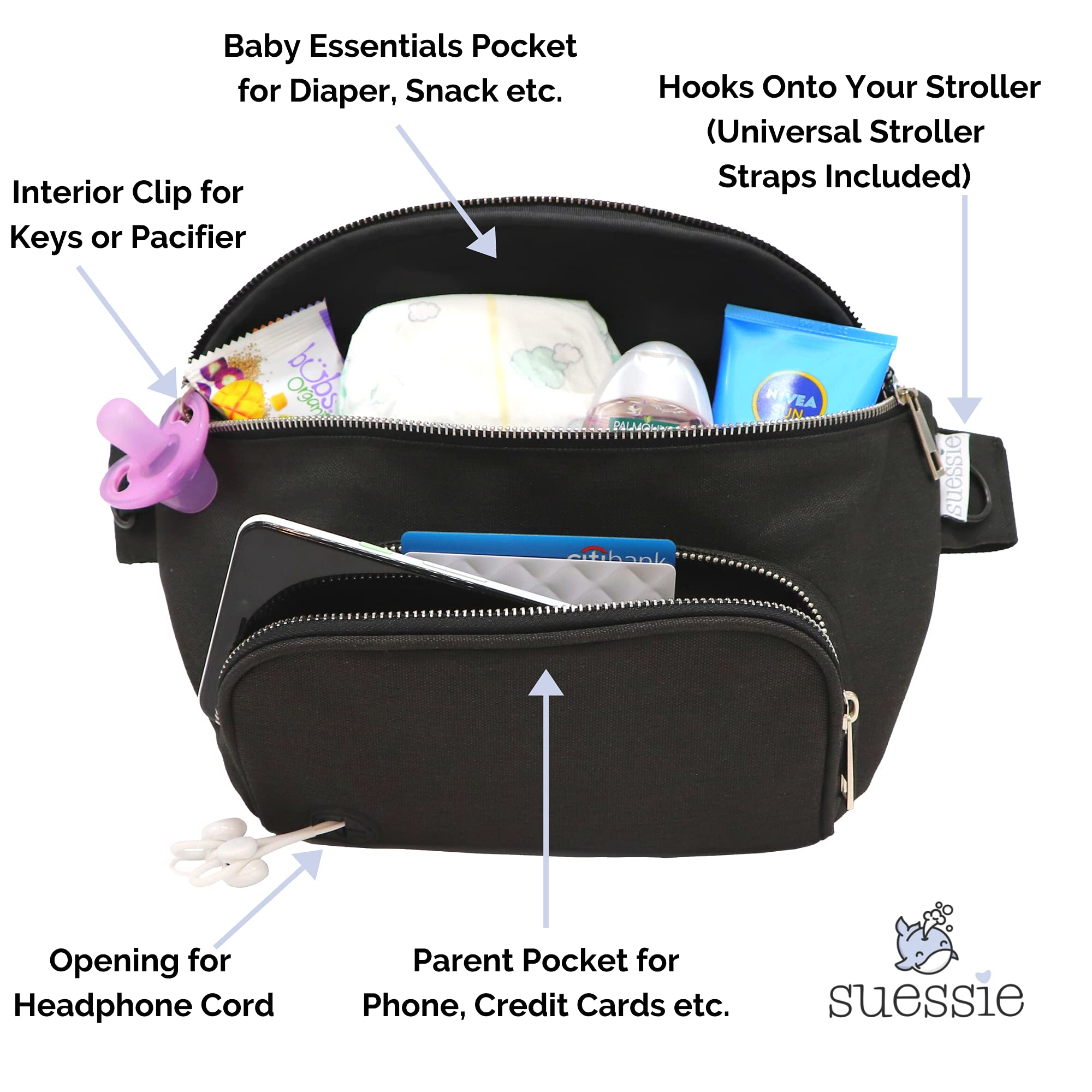 Suessie fanny pack diaper bag open interior, organized space for wipes, essentials.
