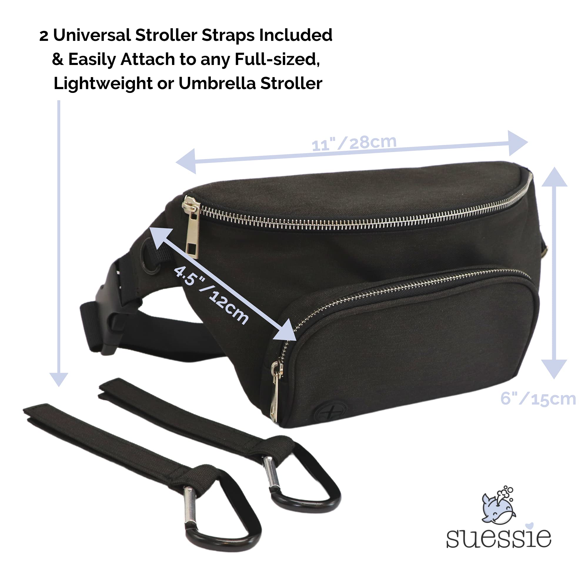 Suessie fanny pack with waterproof wipes pocket, convenient access during messes.