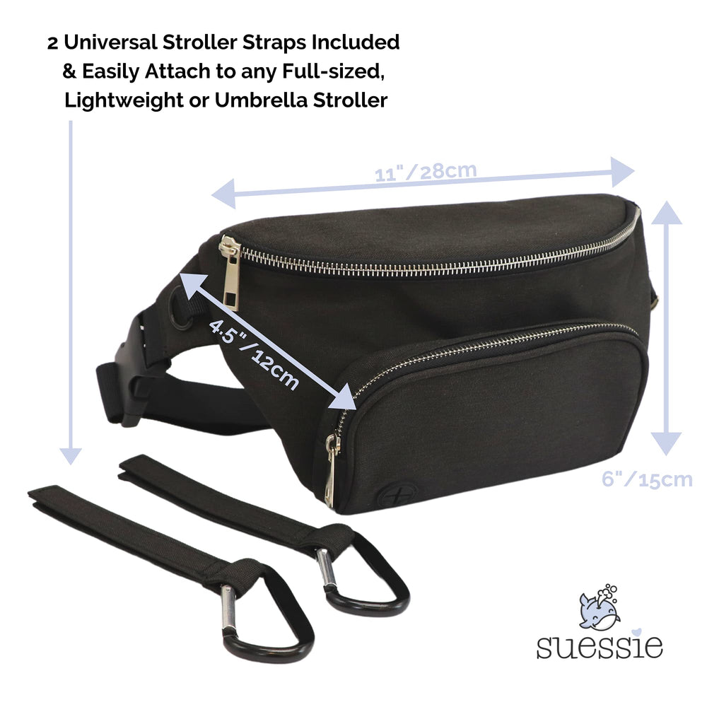 Suessie fanny pack with waterproof wipes pocket, convenient access during messes.