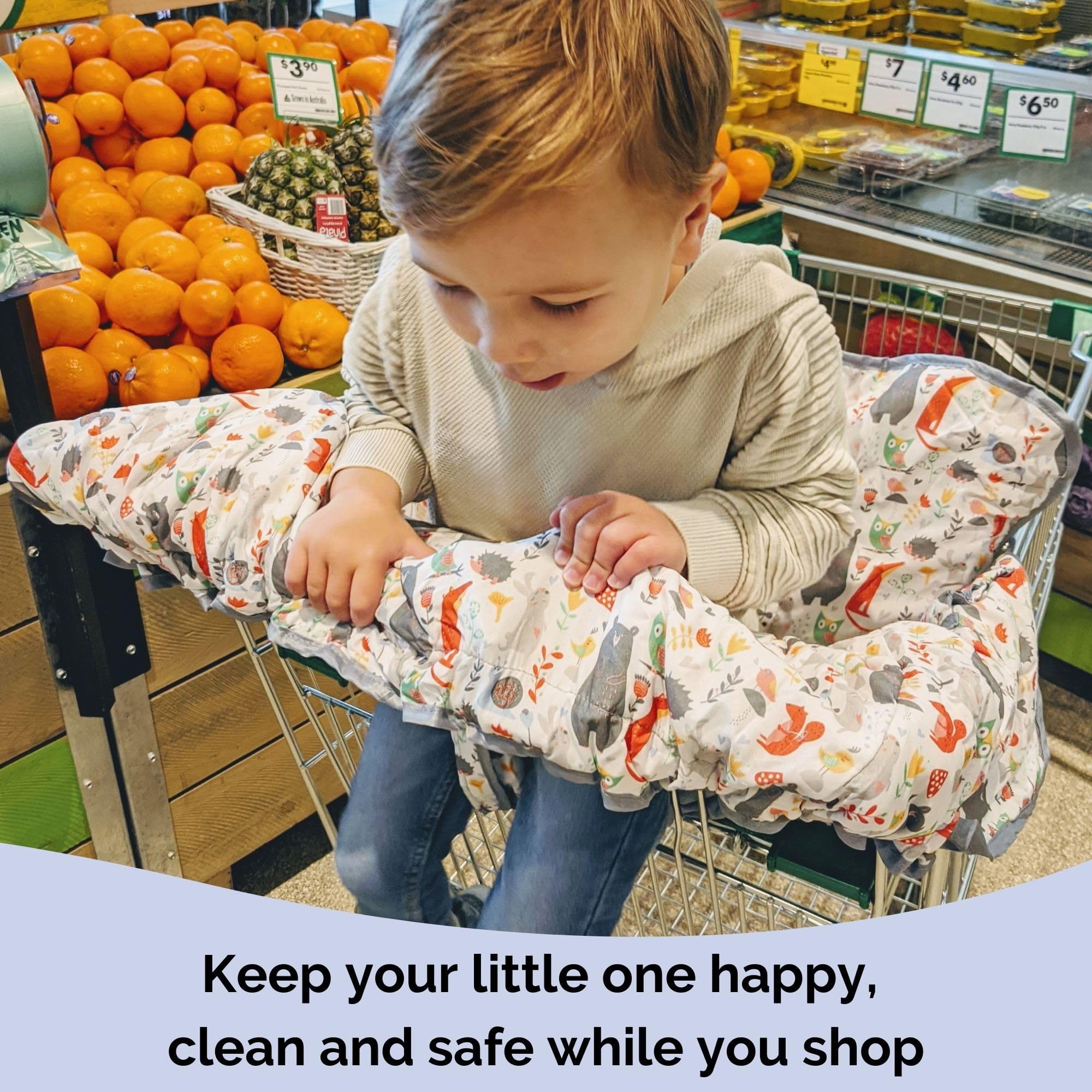 Suessie Forest Animals high chair cover providing a soft dining surface on the go