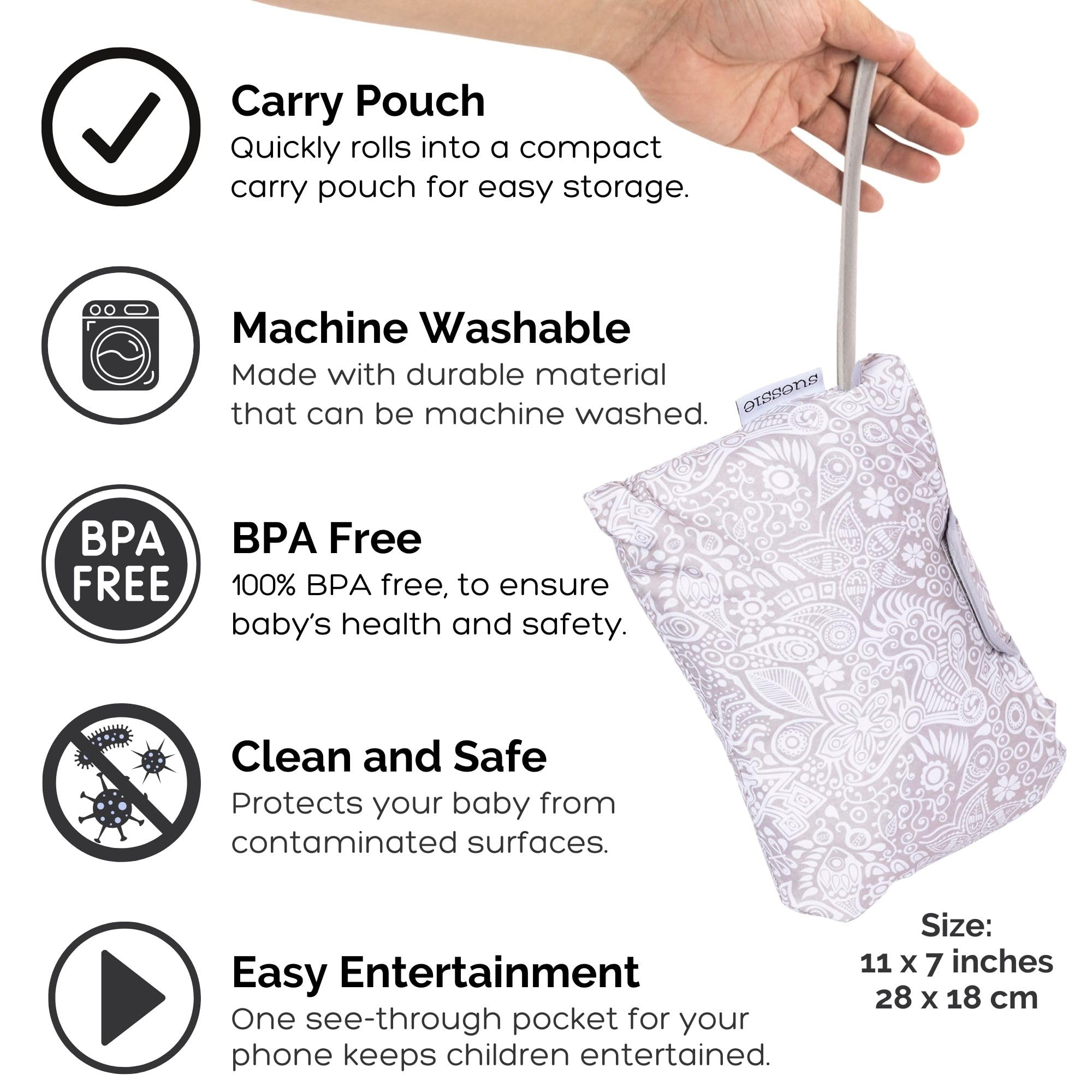 See-through phone pocket on Suessie cover keeps child entertained while you shop.
