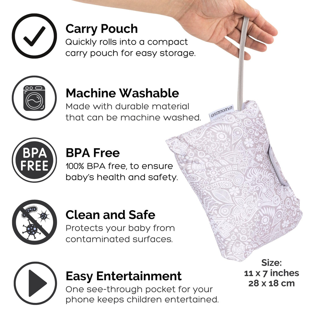 See-through phone pocket on Suessie cover keeps child entertained while you shop.