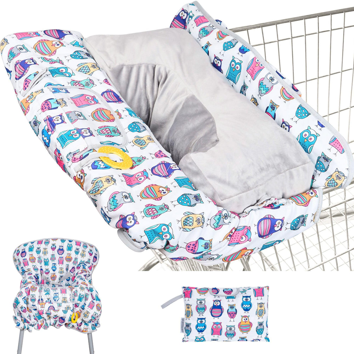 Suessie shopping cart cover with owl cushion keeps surfaces clean and cozy on the go.