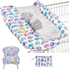 Suessie shopping cart cover with owl cushion keeps surfaces clean and cozy on the go.