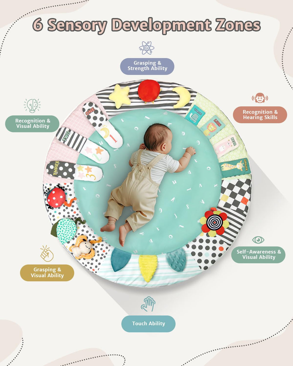 Suihuooo Baby Play Gym tummy-time area encourages movement and curiosity on a spacious mat.