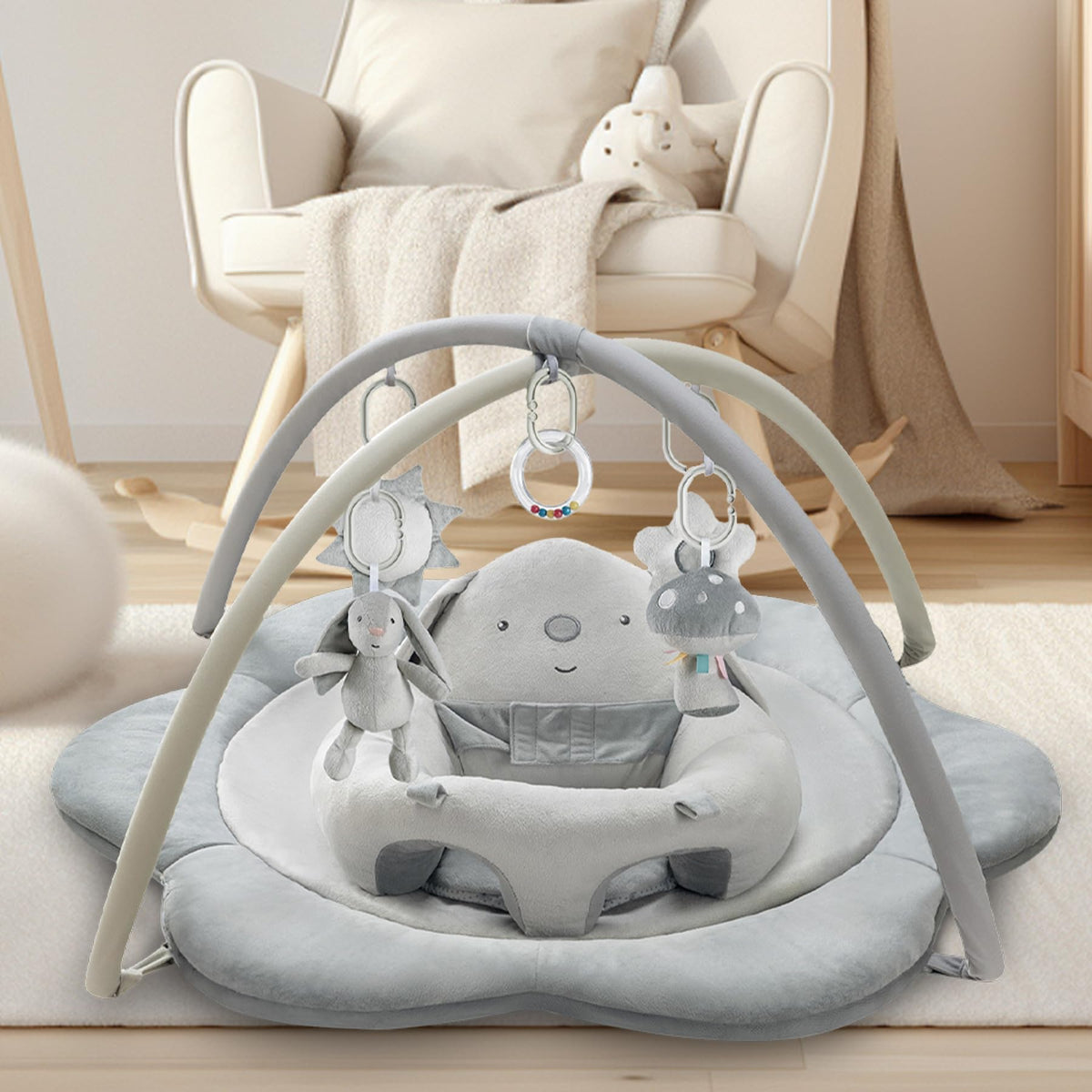 Suihuooo baby play mat gray, cozy surface for supervised tummy time and exploration.