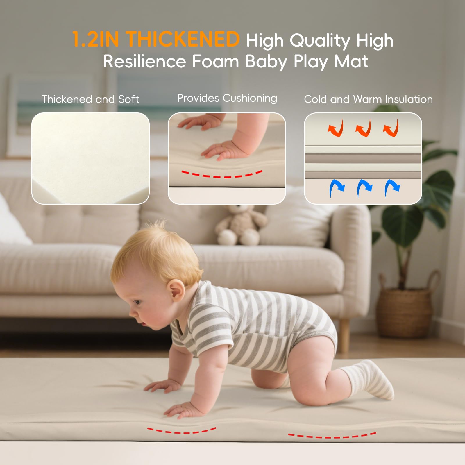 Suihuooo baby play mat waterproof surface cleans with a wipe.