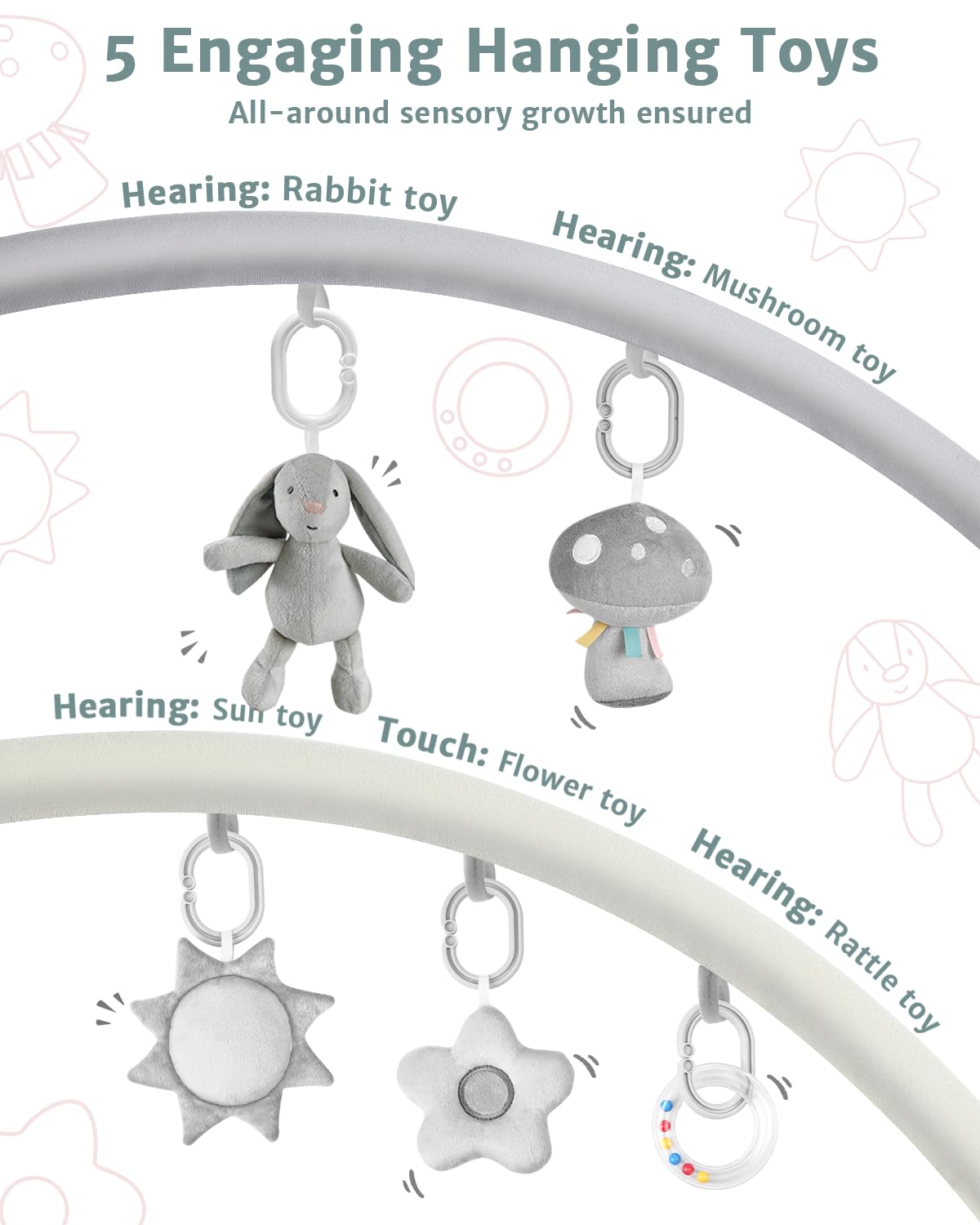 Suihuooo detachable toys highlight grasping and tactile play opportunities.