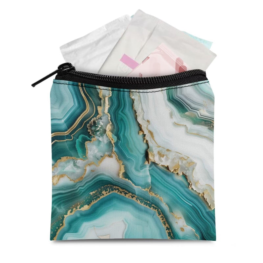 SUITOSELFY teal marble period bag front view for portable sanitary storage