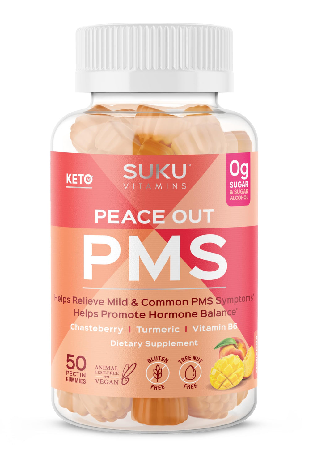 SUKU PMS Gummy bottle with Peach Mango flavor for easy daily use.