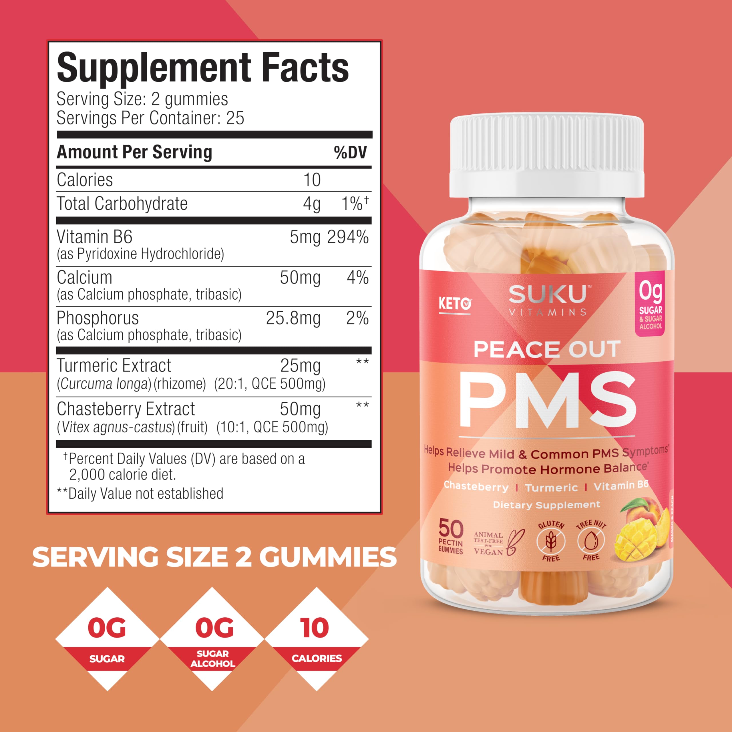 SUKU PMS Gummy jar front view showing convenient serving and Peach Mango flavor.