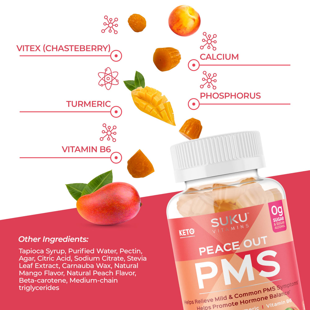 SUKU PMS Gummy label closeup highlighting Vitex and natural ingredients for herbal options.