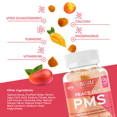 SUKU PMS Gummy label closeup highlighting Vitex and natural ingredients for herbal options.
