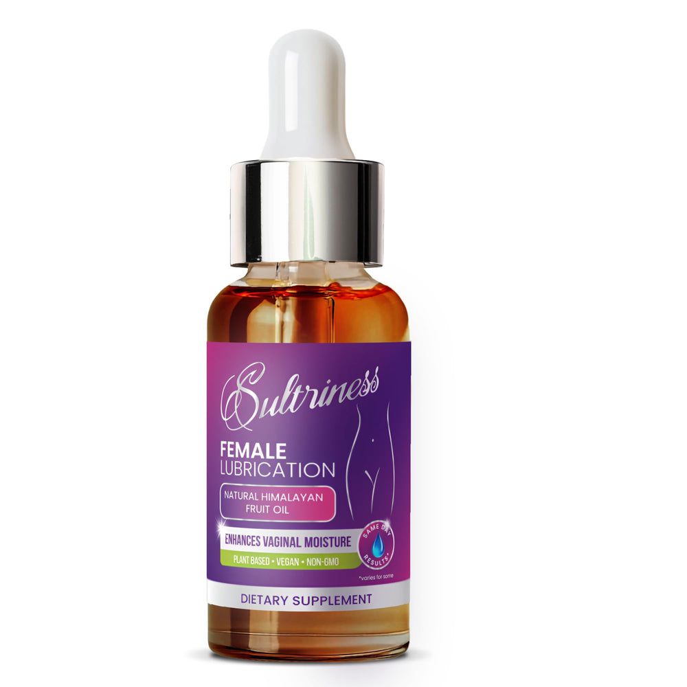 Sultriness Vaginal Drops bottle with dropper and Himalayan fruit oil for moisture.