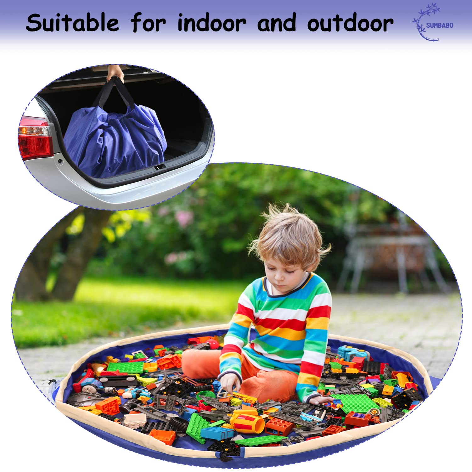 SUMBABO toy bricks cleanup made easy with open storage bag after play
