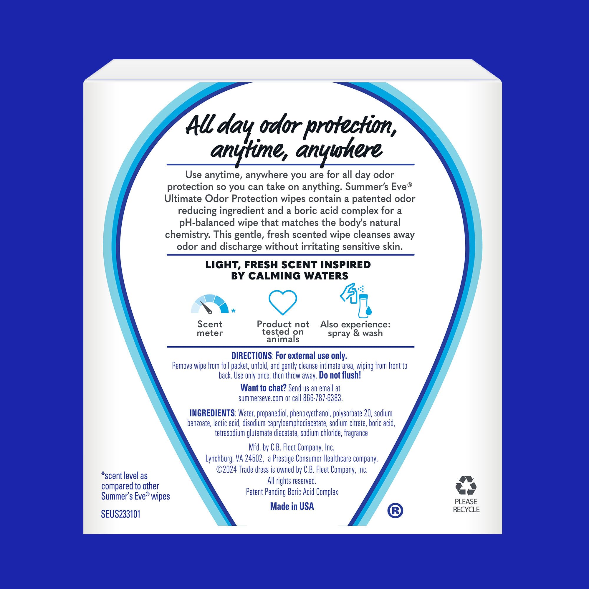 12-count pack of individually wrapped Summer's Eve wipes for daily freshness.