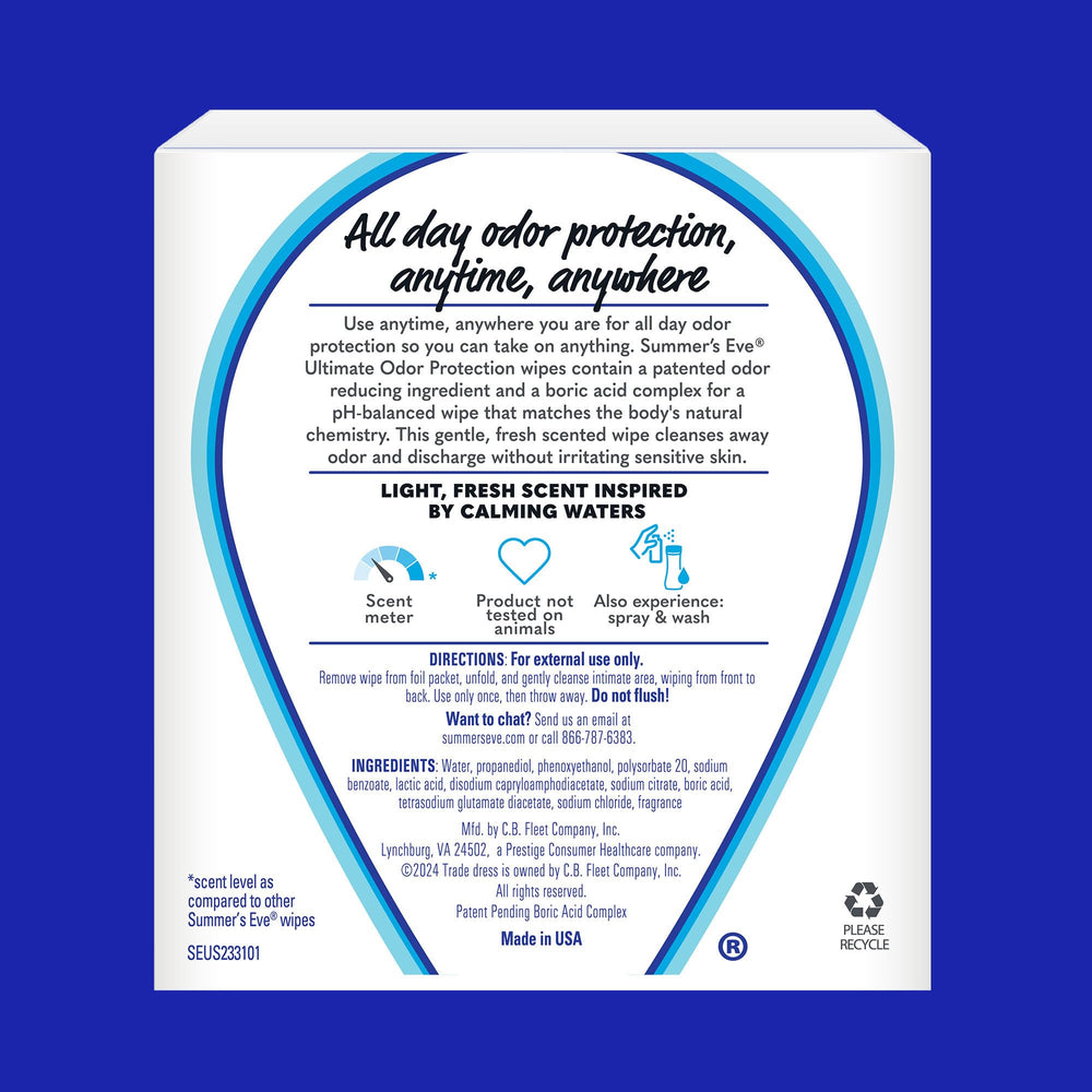 12-count pack of individually wrapped Summer's Eve wipes for daily freshness.