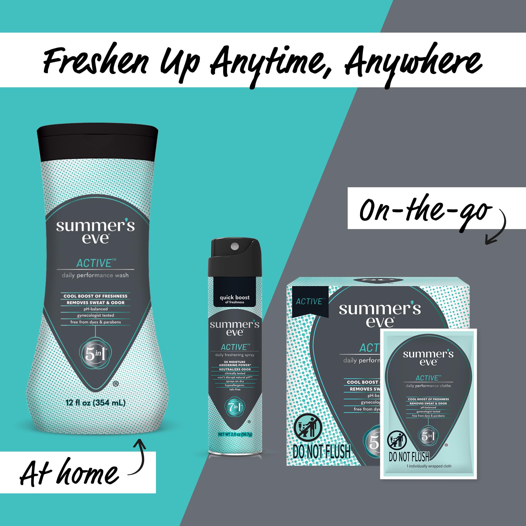 Summer's Eve Active gynecologist-tested image signals safe daily use.