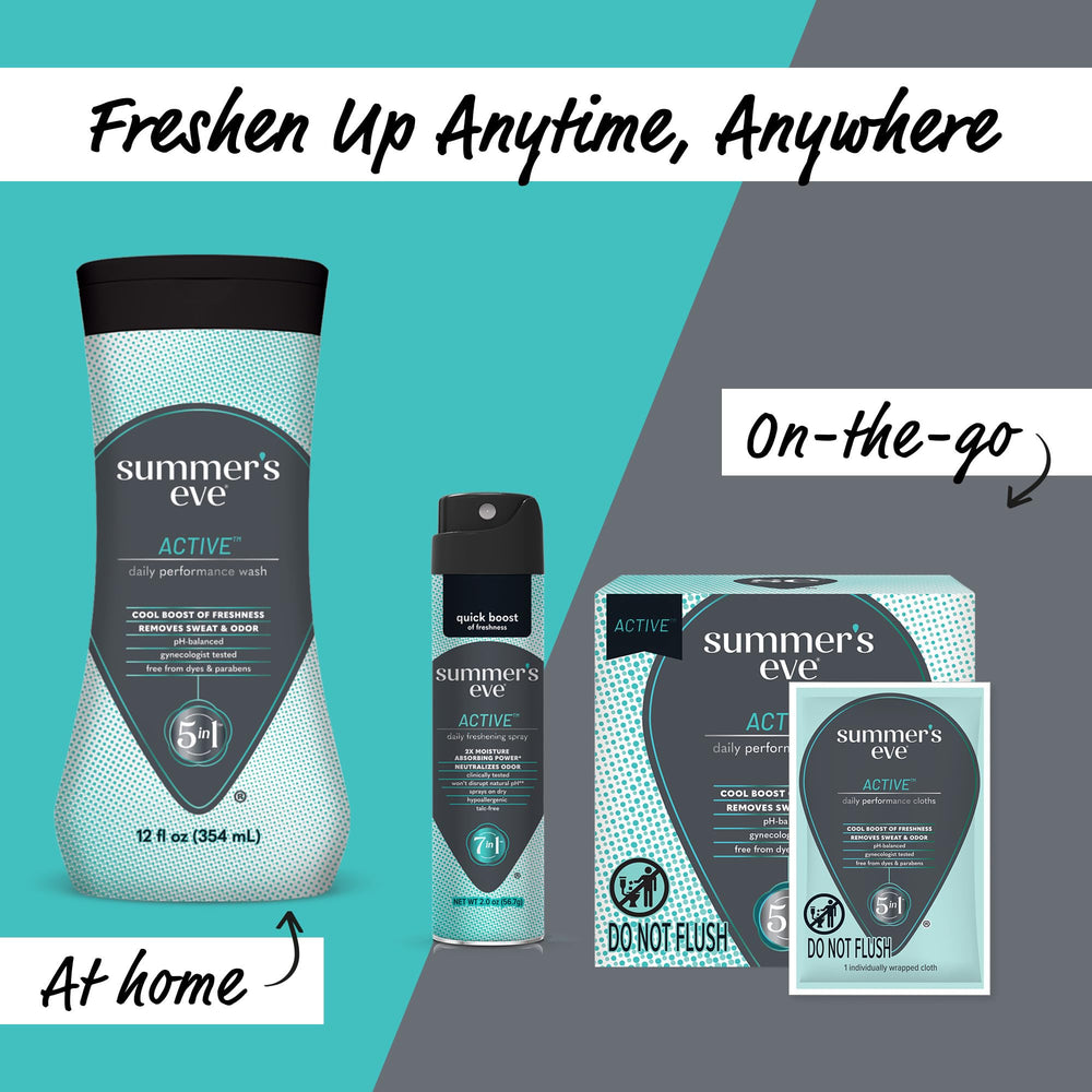 Summer's Eve Active gynecologist-tested image signals safe daily use.