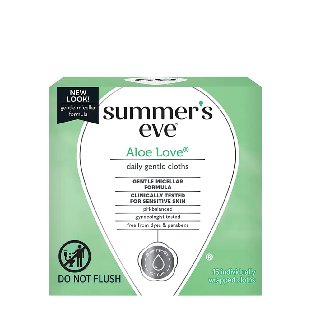 Summer's Eve Aloe Love wipes pack back with free-from dyes and parabens note.