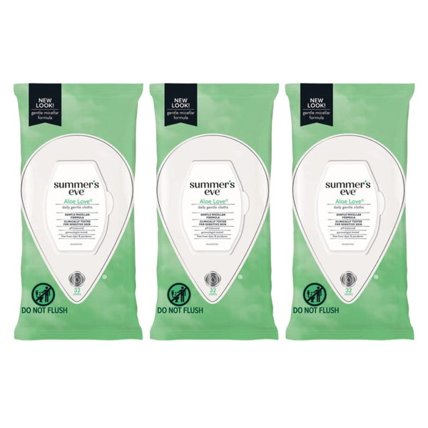 Summer's Eve Aloe Love wipes, 32-count pack, for daily gentle cleansing.