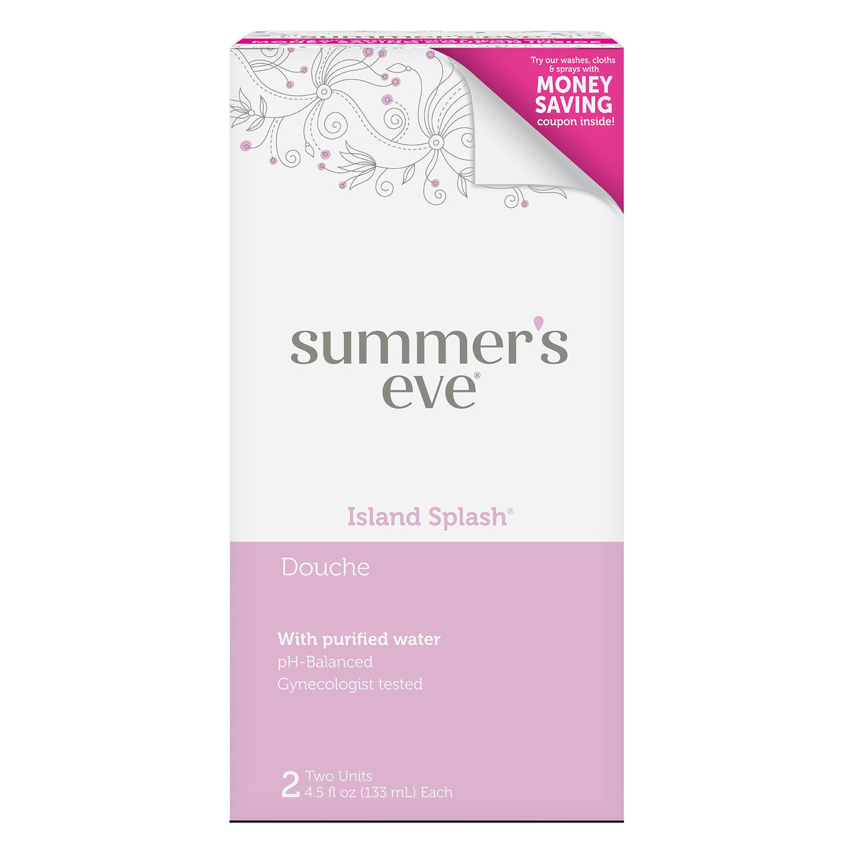 Summer's Eve Island Splash douche bottle with soft nozzle for comfortable cleansing.