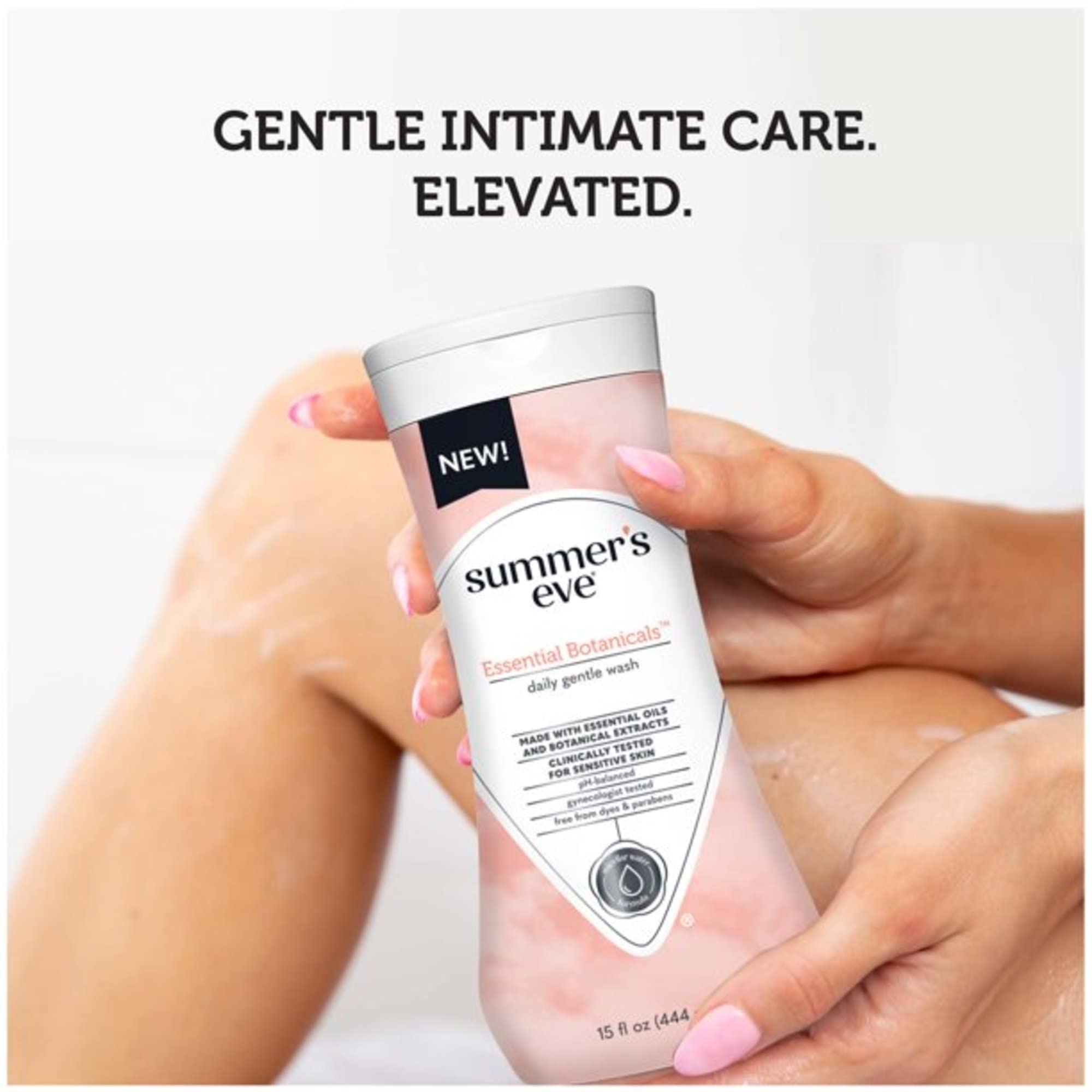 Summer's Eve Essential Botanicals in shower scene for refreshing intimate care.