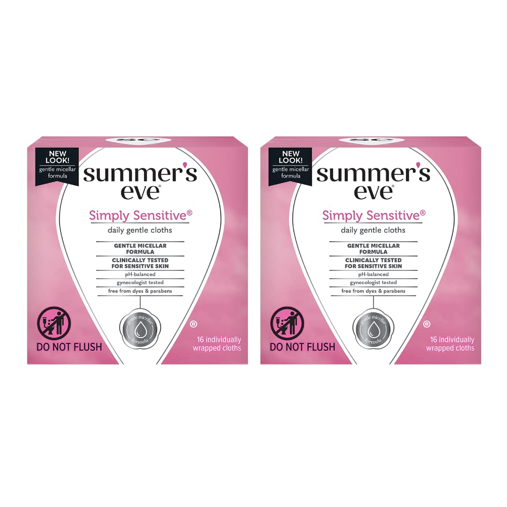 Summer's Eve sensitive skin cleansing cloths, 16-count two-pack, convenient for daily hygiene.