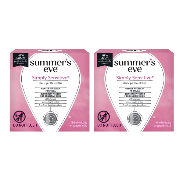 Summer's Eve sensitive skin cleansing cloths, 16-count two-pack, convenient for daily hygiene.