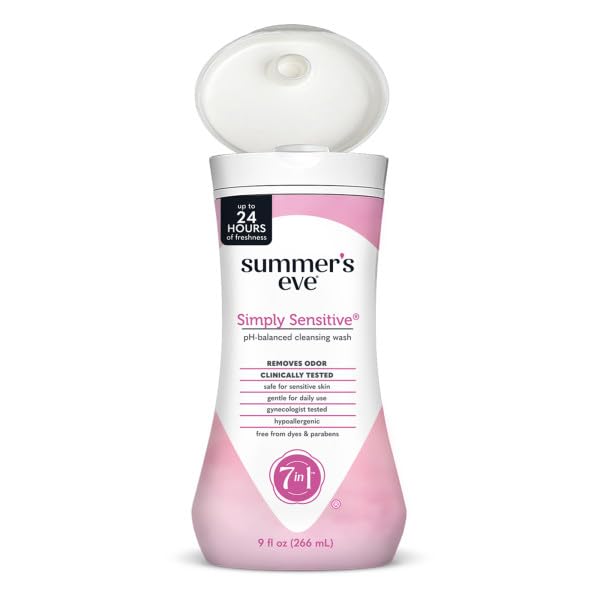 Shelf display of 9-ounce Summer's Eve Simply Sensitive packaging.