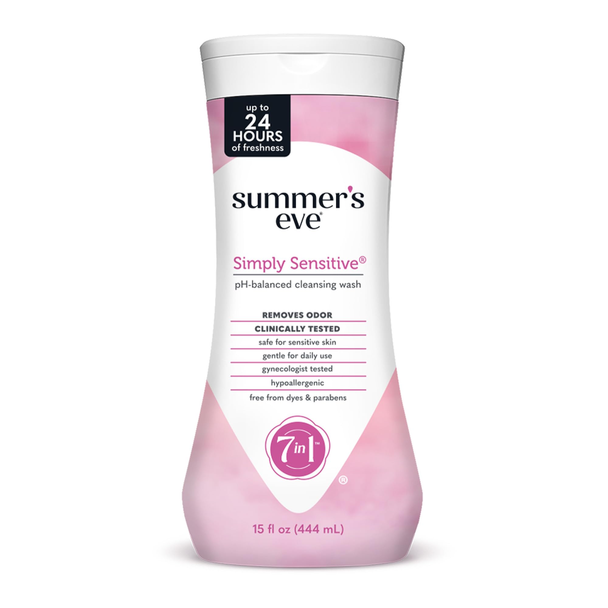 Summer's Eve Simply Sensitive daily wash bottle highlights gentle micellar cleansing for sensitive skin.