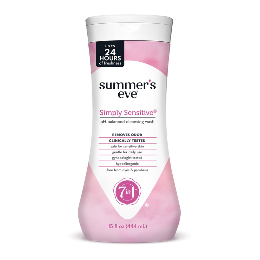 Summer's Eve Simply Sensitive daily wash bottle highlights gentle micellar cleansing for sensitive skin.