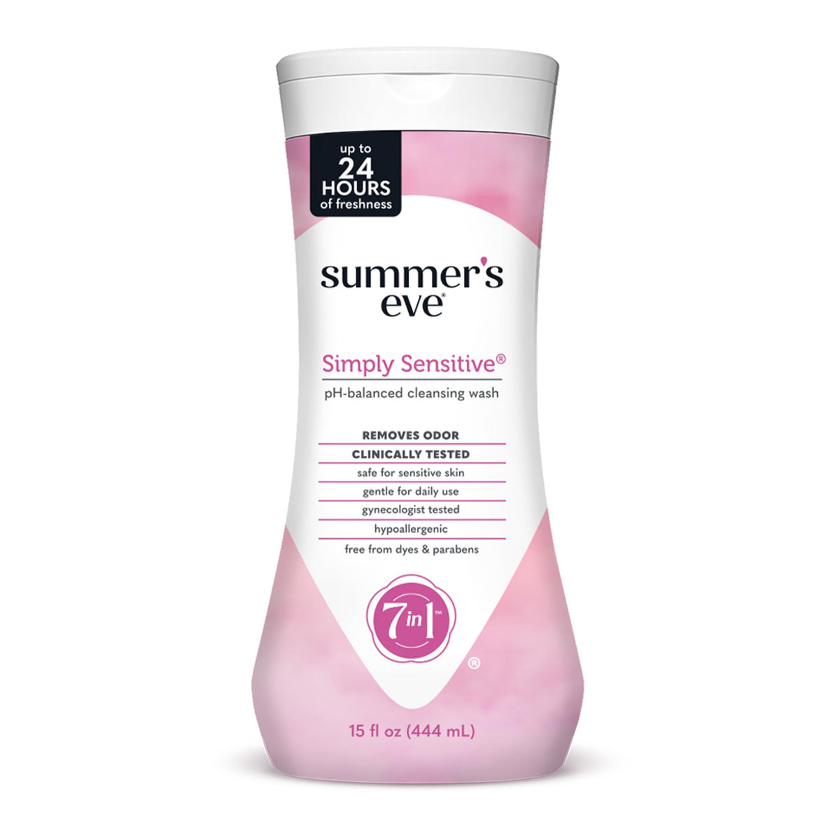Summer's Eve Simply Sensitive daily wash bottle highlights gentle micellar cleansing for sensitive skin.
