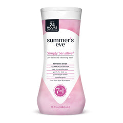 Summer's Eve Simply Sensitive daily wash bottle highlights gentle micellar cleansing for sensitive skin.