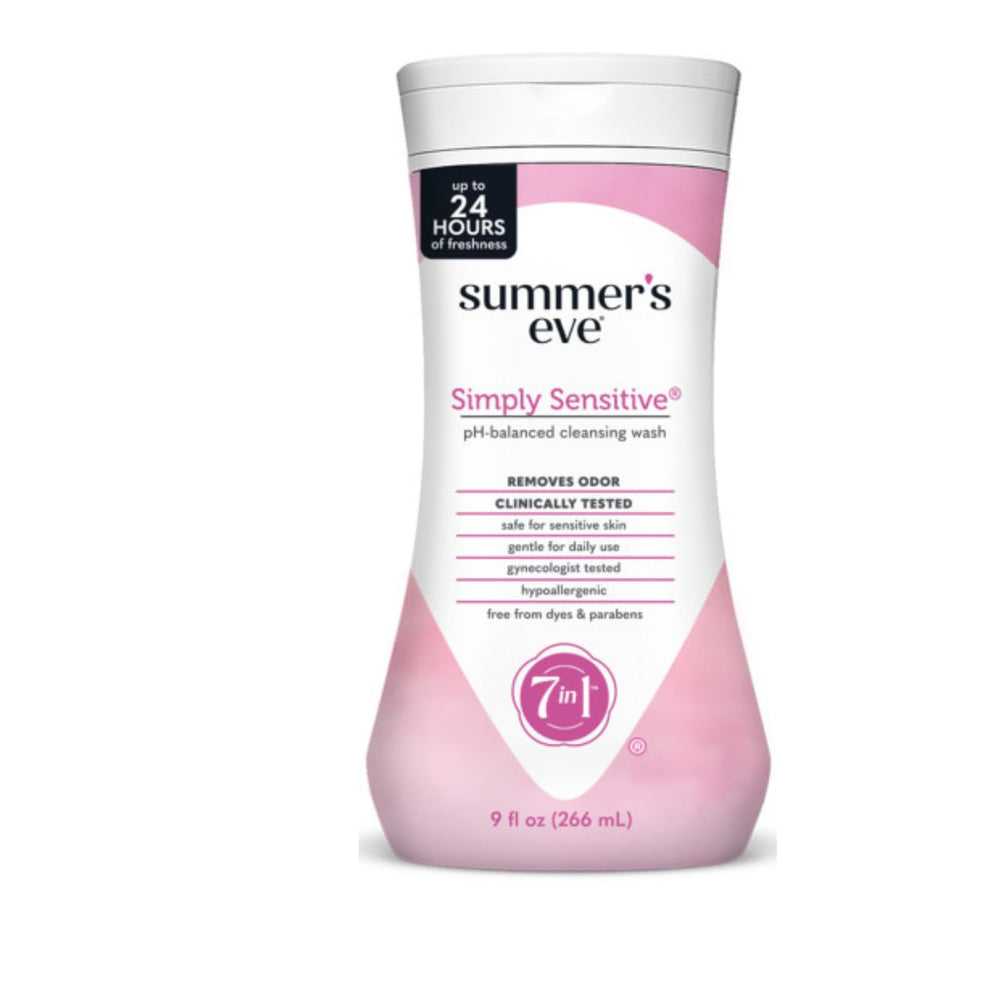 Summer's Eve Simply Sensitive cleansing wash bottle pour shows gentle micellar cleansing.