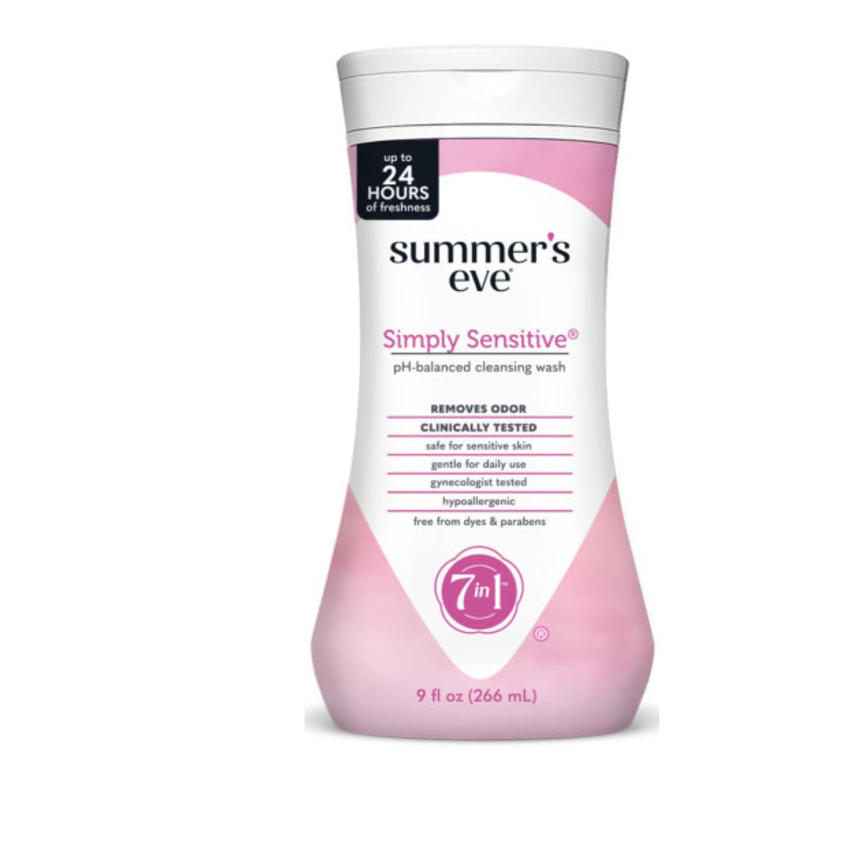 Summer's Eve Simply Sensitive cleansing wash bottle pour shows gentle micellar cleansing.