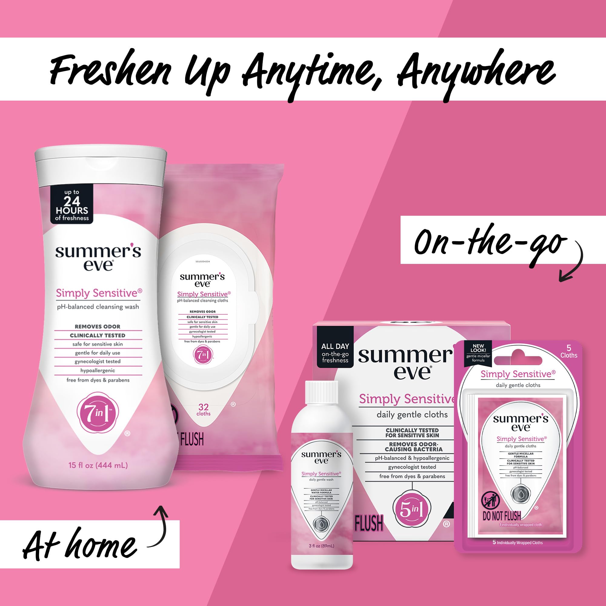 Dyes- and parabens-free Summer's Eve wipes for gentle care.
