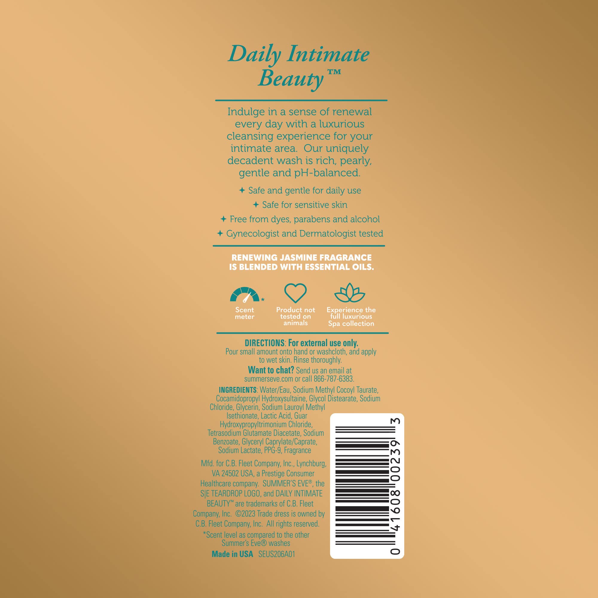 Packaging close-up of Summer's Eve Spa Renewing Jasmine wash showing dye-free formula