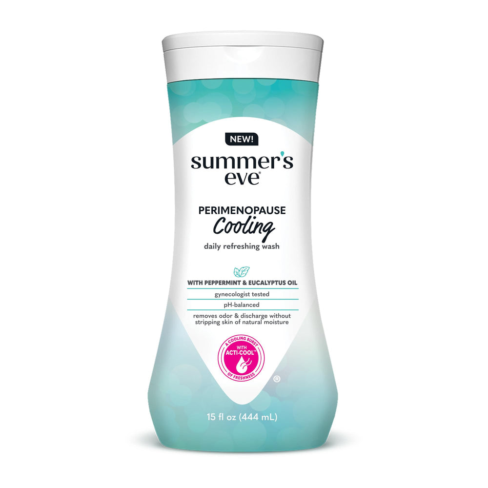 Summer's Eve Perimenopause Cooling Wash bottle shown for daily freshness and cooling cleanse.